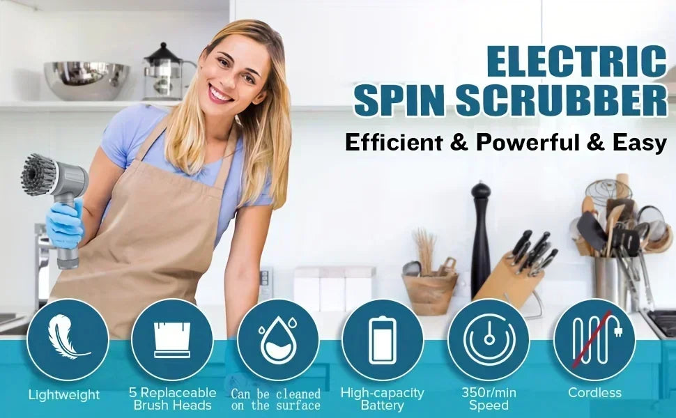 Electric Spin Scrubber, Bathroom Cordless Cleaning Brush Power Scrubber with 5 Replaceable Brush Heads, Electric Cleaning Brush
